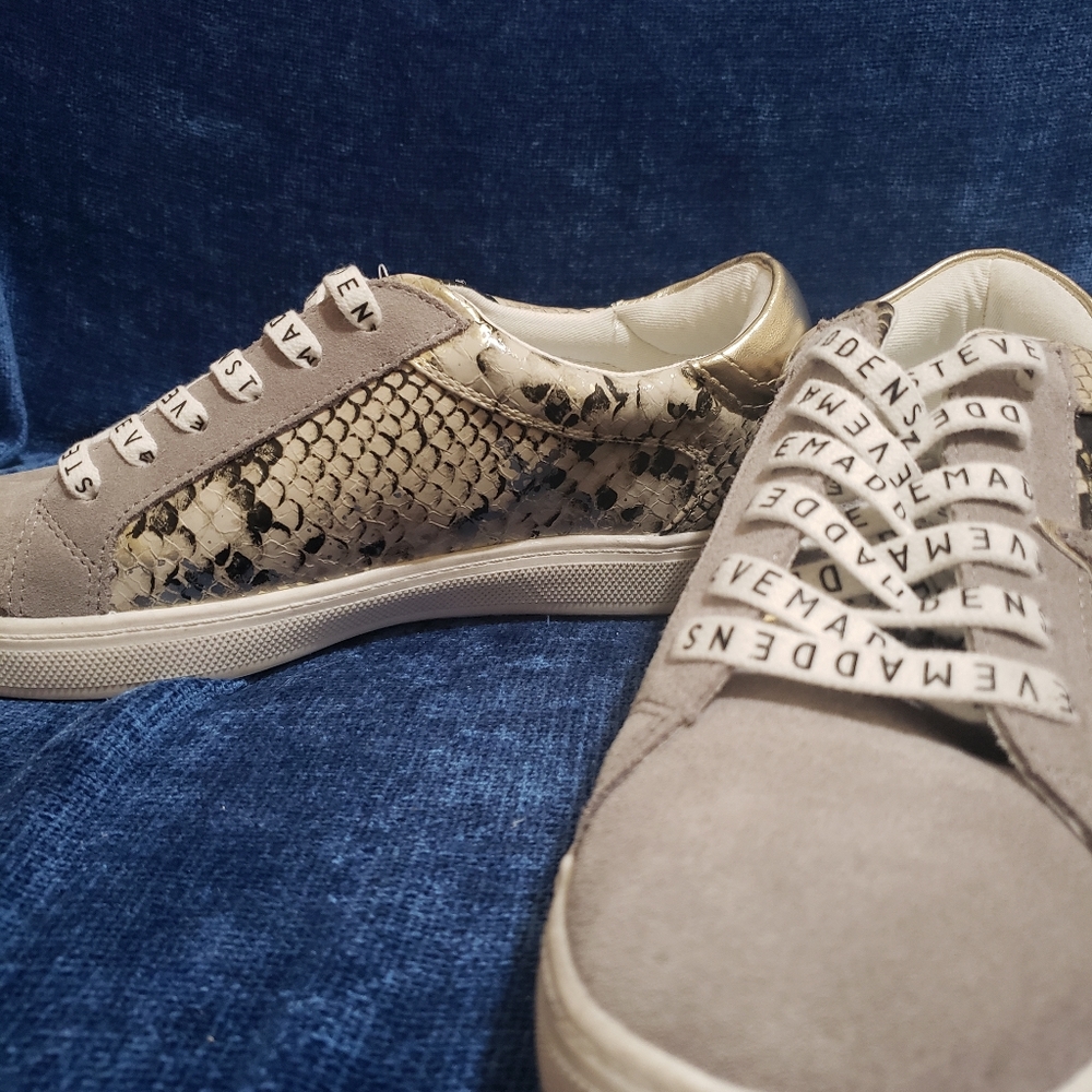 Steve Madden Taupe Suede Sneakers with Gold Snake-Print Panels